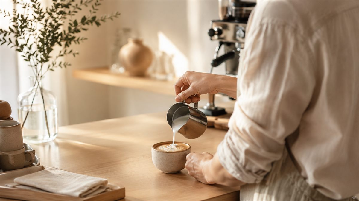 A barista pouring latte art in an independent coffee shop