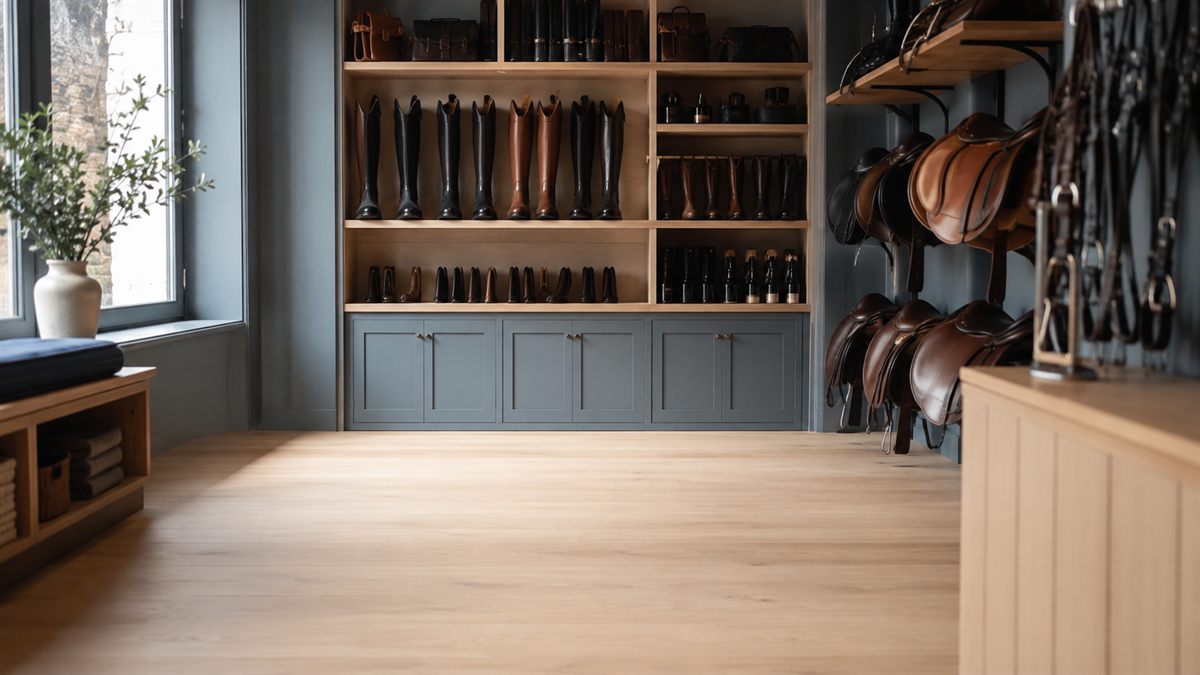Inside a Newmarket equestrian tack shop with riding boots and saddles